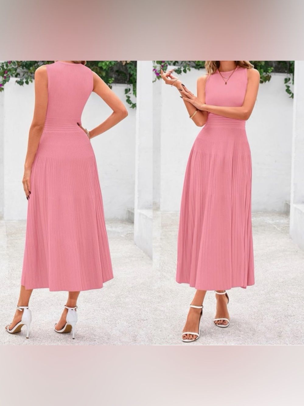 Pink Sleeveless Pleated  Dress -  Elegant Everyday
